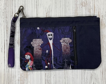 Large clutch with removable wrist strap made with Waxed canvas, Minimalist, Jack Skellington Sally Nightmare Before Christmas, Zippy Clutch