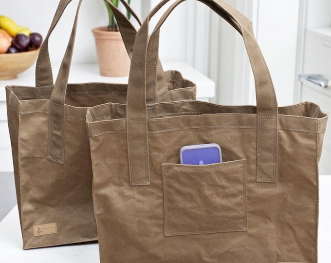 Reusable Shopping Bag - Waxed Canvas Market Tote with Long Handles - Large minimalist - Eco Friendly -Carry All Project Bag