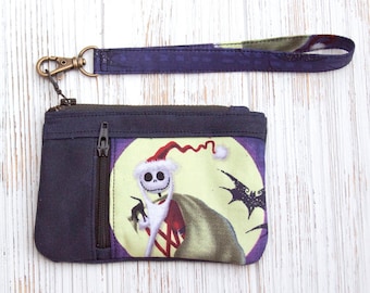 Mini wristlet clutch, Small waxed canvas/vegan clutch, removable wrist strap, Jack Skellington from Nightmare Before Christmas, coin purse