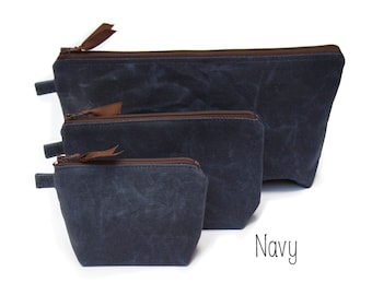 Utility pouch set Navy Blue, Waxed canvas pouch with nylon zipper, minimalist style travel pouch, Large utility pouch, canvas zip clutch bag