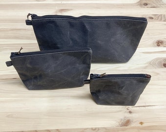 Waxed canvas pouch set with nylon zipper, minimalist style travel pouch, Large utility pouch, canvas zip clutch bag, makeup bag