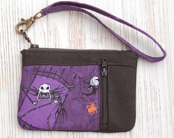 Small wallet/wristlet with removable wrist strap, waxed canvas/vegan clutch, Jack Skellington from Nightmare Before Christmas, Zippy Clutch
