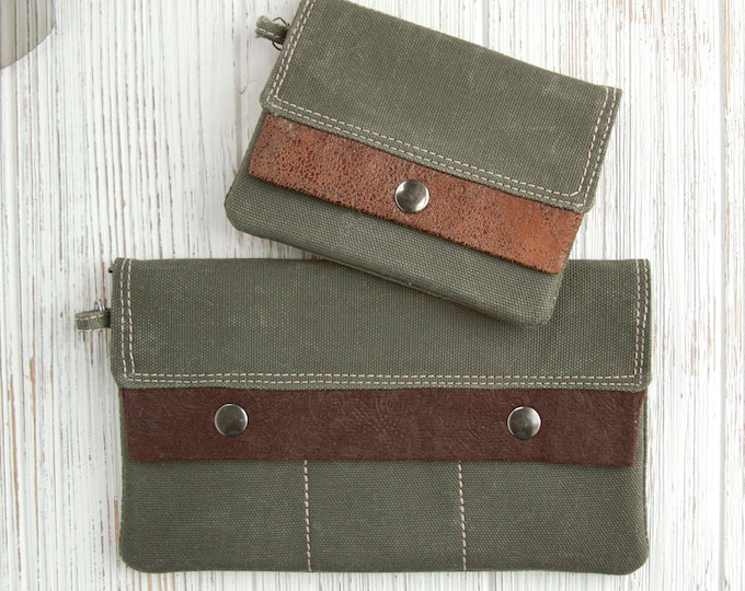 Waxed Canvas Wallet/Wristlet with Vegan Leather for ID, credit cards, license, & cash, checkbook cover, Modern Full-Size, Compact Minimalist