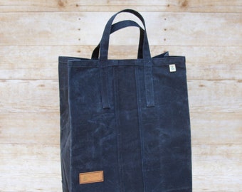 Waxed Canvas Market Bag, Reusable Canvas Grocery Bag, Shopping bag, Farmers Market bag, Reusable zero waste tote bag, Mens Tote, Navy Blue