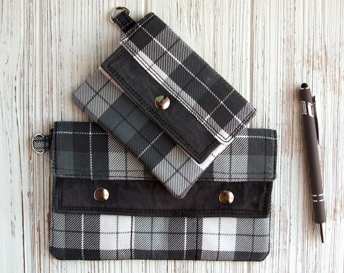 Womens Wallet/Wristlet, Grey Plaid Fabric, Vegan Leather, Bohemian Slim Card Wallet, Vegan, Full-Size, Compact, Checkbook Wallet, Minimalist