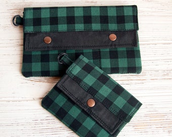 Womens Wallet/Wristlet, Green Buffalo Plaid, Vegan Leather, Bohemian Slim Card Wallet, Vegan, Full-Size,Compact, Checkbook Wallet,Minimalist