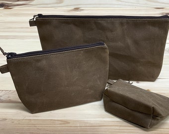Utility pouch set Dark Oak waxed canvas pouch with nylon zipper, minimalist style travel pouch, Large utility pouch, canvas zip clutch bag