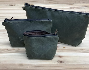 Waxed Canvas Utility Pouch Set: Olive Green Travel Zip Clutch
