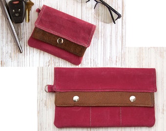 Waxed Canvas Wallet/Wristlet with Vegan Leather accent for ID, credit cards, license, Modern, Minimalist,Crab Apple Red, Leather Alternative