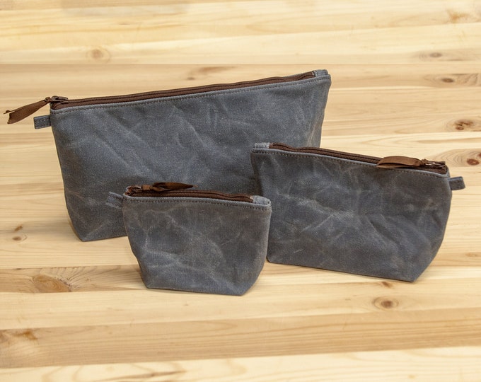 Slate blue waxed canvas pencil pouch, Fully Lined, No Raw Edges, Made in USA, coin purse, wallet, makeup case, school supplies, card case