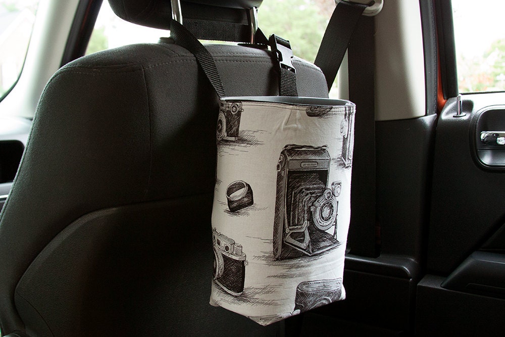 Car Trash Bag adjustable strap, womens car accessory, car garbage bin, Camera, Ready to ship