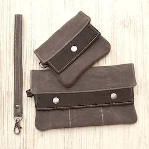 Gray and Black Waxed Canvas Wristlet/Wallet for ID, Credit Cards, license, & cash, checkbook cover, Vegan Leather, Minimalist Wallet