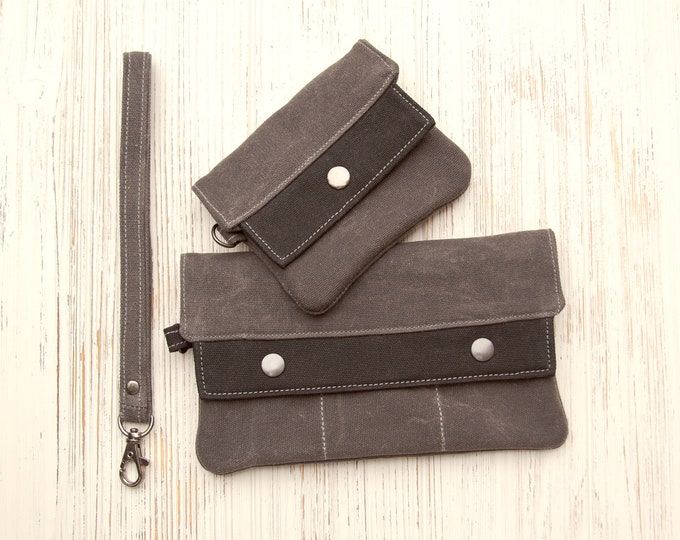 Gray and Black Waxed Canvas Wristlet/Wallet for ID, Credit Cards, license, & cash, checkbook cover, Vegan Leather, Minimalist Wallet