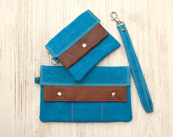 Waxed Canvas Wallet / Wristlet with Vegan Leather, Checkbook, credit cards, license, & cash, Modern Full-Size,Compact Minimalist,Royal Blue