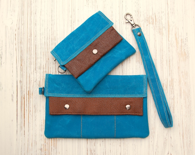 Waxed Canvas Wallet / Wristlet with Vegan Leather, Checkbook, credit cards, license, & cash, Modern Full-Size,Compact Minimalist,Royal Blue