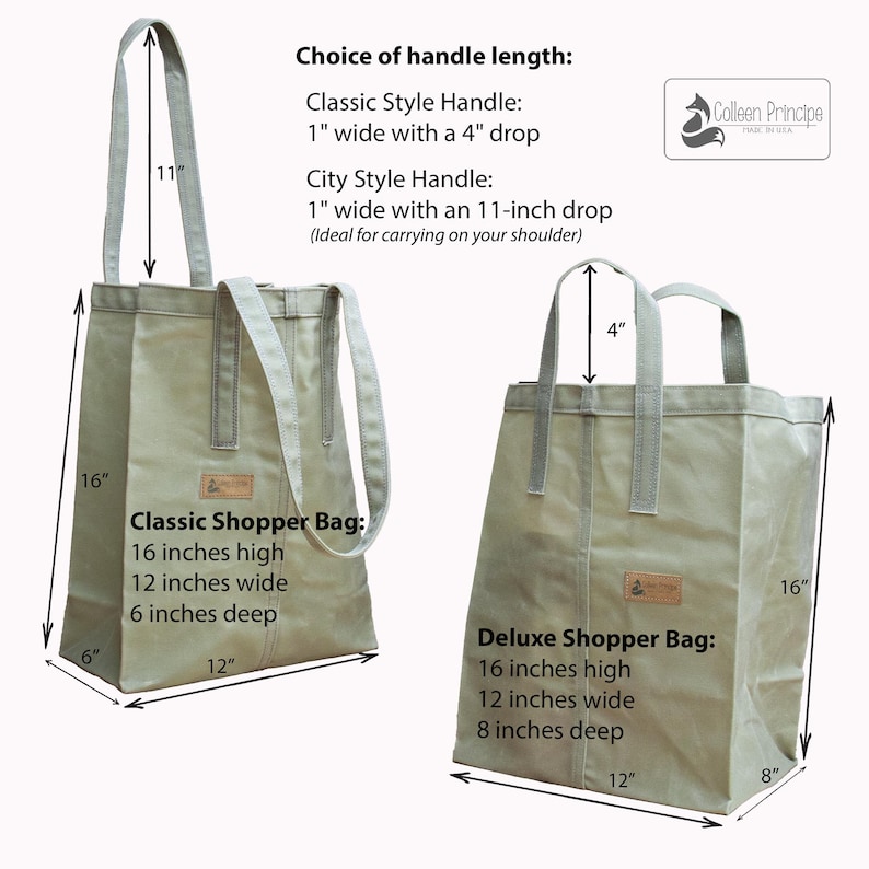 Pu&ograve; includere: Due borse tote in tela con misure in pollici. La Classic Shopper Bag &egrave; alta 16 pollici, larga 12 pollici e profonda 6 pollici. La Deluxe Shopper Bag &egrave; alta 16 pollici, larga 12 pollici e profonda 8 pollici. Le borse hanno due opzioni di lunghezza del manico: il manico in stile classico &egrave; largo 1 pollice con una caduta di 4 pollici, e il manico in stile urbano &egrave; largo 1 pollice con una caduta di 11 pollici.