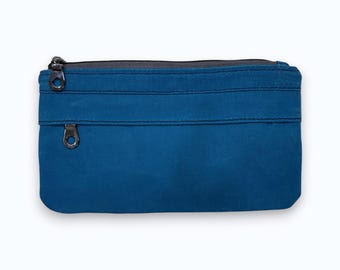 Waxed Canvas Wallet | Slim Double Zipper | Minimalist Card & Cash Organizer| Mosaic Blue