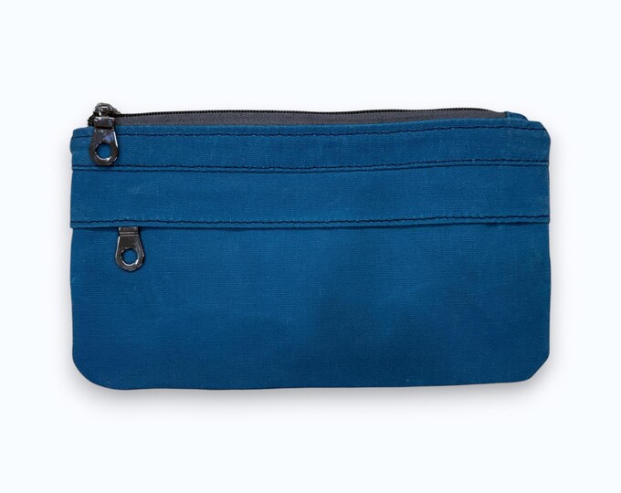Waxed Canvas Wallet | Slim Double Zipper | Minimalist Card & Cash Organizer| Mosaic Blue