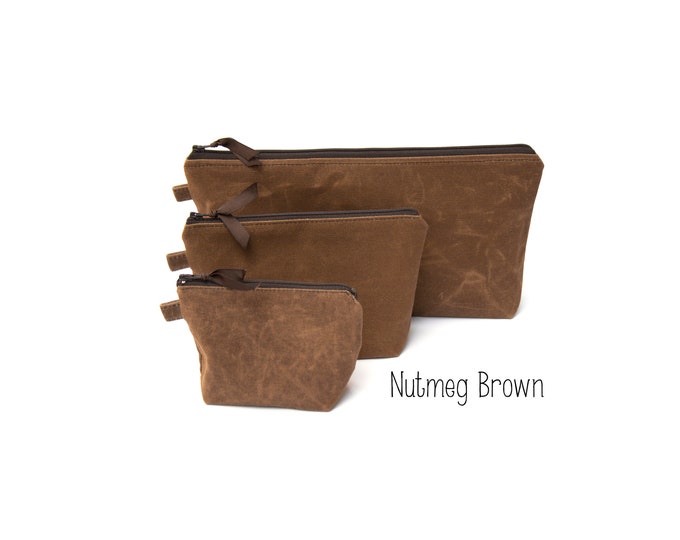 Utility pouch set Brown, Waxed canvas pouch with nylon zipper, minimalist style travel pouch, Large utility pouch, canvas zip clutch bag