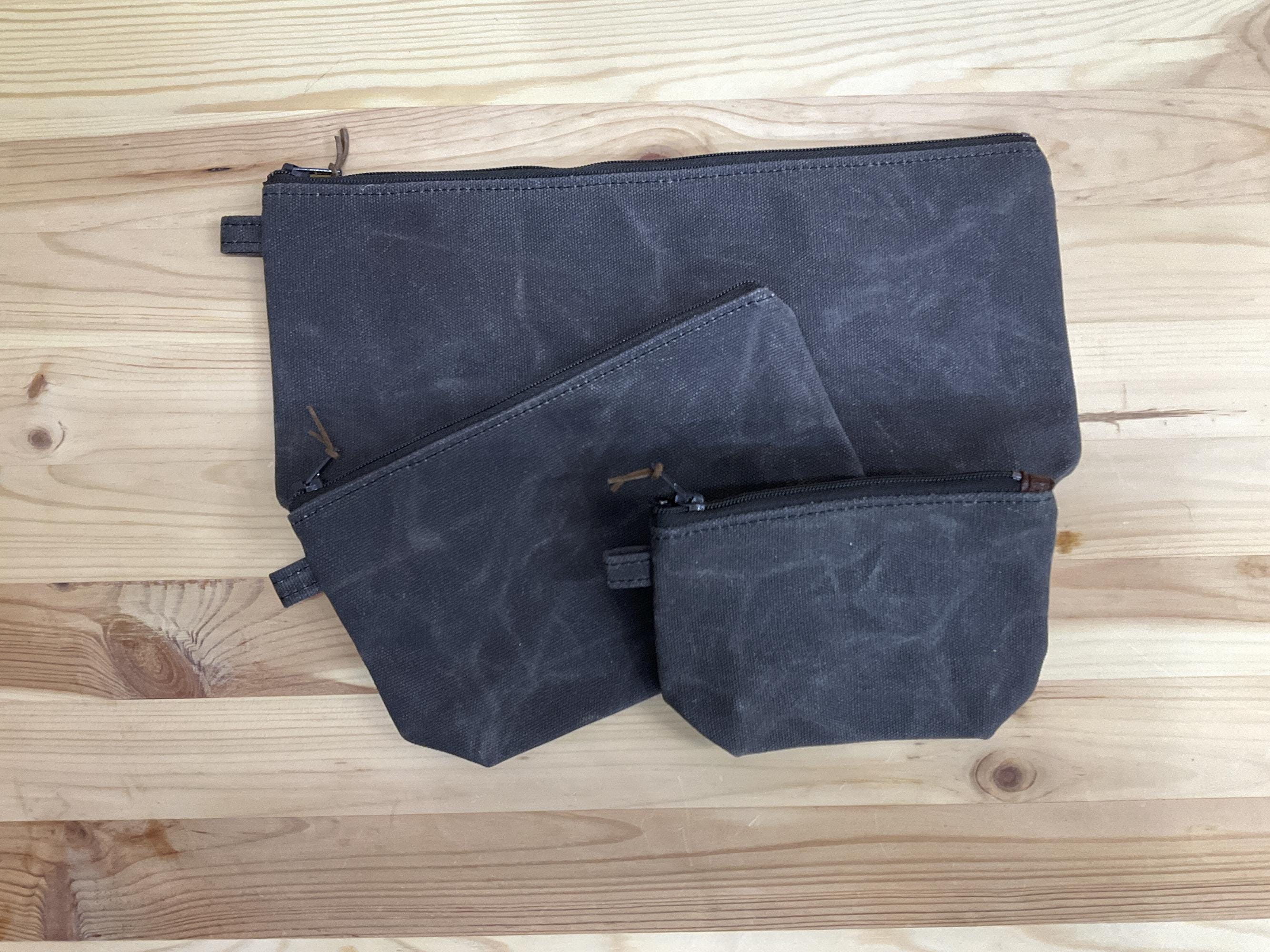 Waxed canvas pouch set charcoal with nylon zipper minimalist style travel pouch Large utility pouch canvas zip clutch bag makeup bag