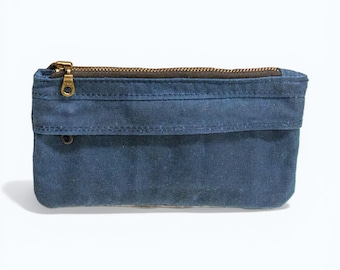 Waxed Canvas Wallet | Slim Double Zipper | Handmade Minimalist Card & Cash Organizer | Navy