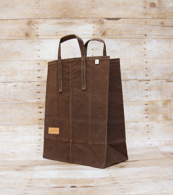 Reusable Canvas Grocery Bag, Waxed Canvas Farmers Market Bag,  Zero Waste Shopping Bag, Dark Oak Brown
