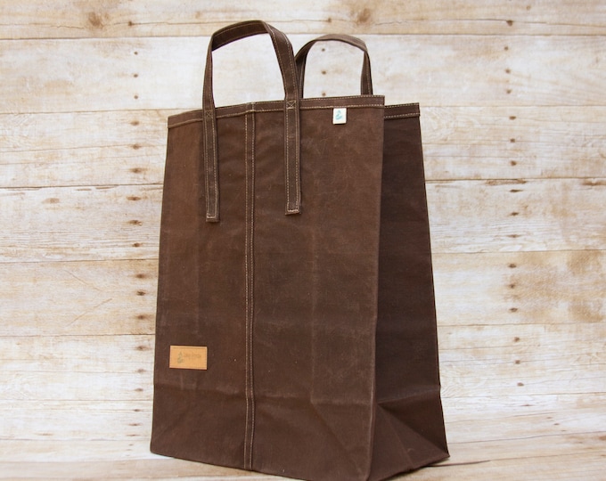 Reusable Canvas Grocery Bag, Waxed Canvas Farmers Market Bag,  Zero Waste Shopping Bag, Dark Oak Brown
