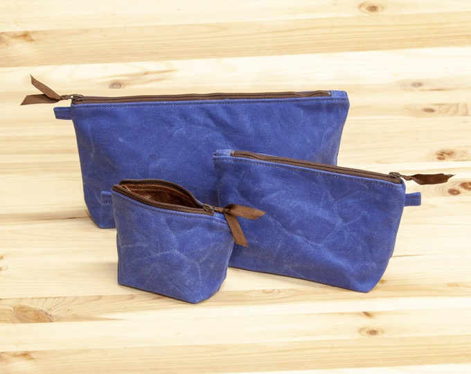 Royal Blue waxed canvas pencil pouch, Fully Lined, No Raw Edges, Made in USA, coin purse, wallet, makeup case, school supplies, card case