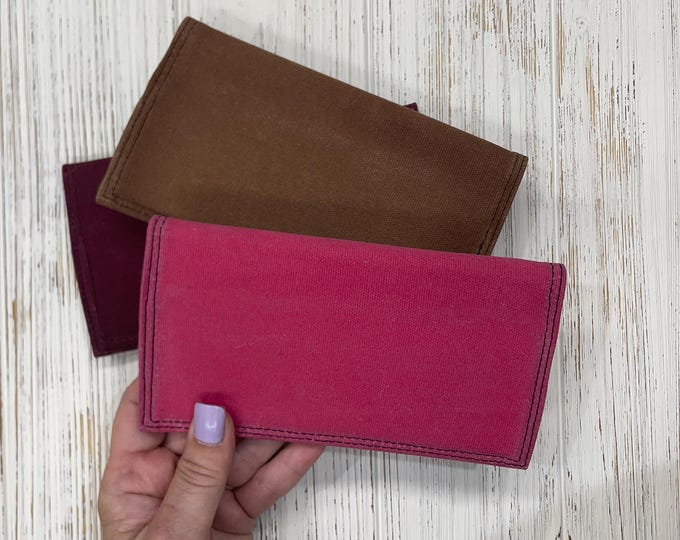 Waxed Canvas Checkbook Cover, Checkbook Register Holder, Bifold Checkbook cover, Pink, Brown, Burgundy