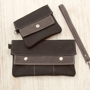 Cartera minimalista de lona encerada con cuero vegano: diseño elegante en negro y gris para tarjetas y efectivo