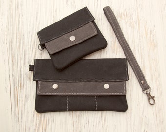 Minimalist Waxed Canvas Wallet / Wristlet with Vegan Leather - Stylish Black & Gray Design for Cards and Cash
