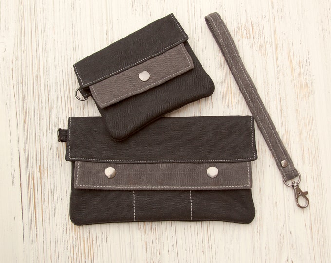Black & Gray Waxed Canvas Wallet / Wristlet with Vegan Leather, Checkbook, credit cards, license, cash, Modern Full-Size,Compact Minimalist