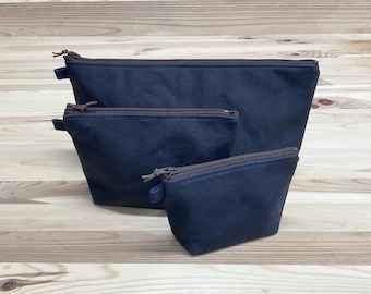 Waxed canvas zipper bag, Navy blue, Fully Lined with No Raw Edges, Made in USA, canvas pencil pouch, change pouch, makeup case, toiletry bag