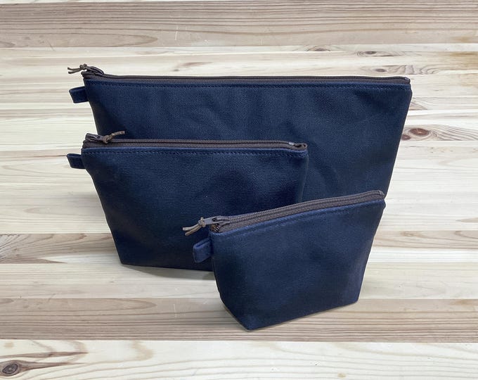 Waxed canvas zipper bag, Navy blue, Fully Lined with No Raw Edges, Made in USA, canvas pencil pouch, change pouch, makeup case, toiletry bag