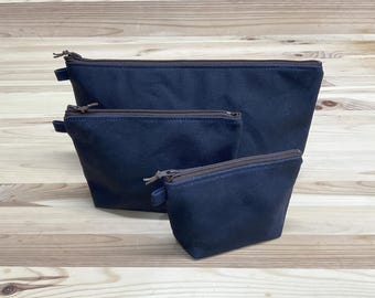 Navy Waxed Canvas Pouch Set: Minimalist Travel Zip Clutch