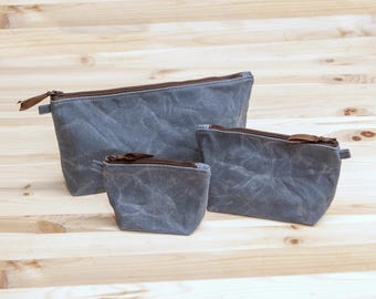 Slate Blue Waxed Canvas Makeup Pouch, Fully Lined Organizer for School Supplies, Great Gift for Students & Makeup Lovers