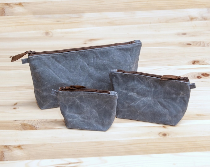 Slate blue waxed canvas pencil pouch, Fully Lined, No Raw Edges, Made in USA, coin purse, wallet, makeup case, school supplies, card case