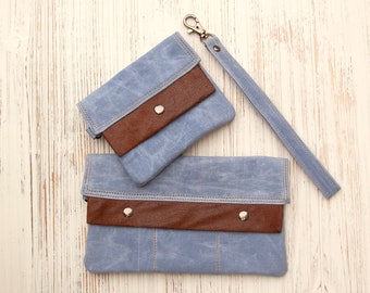 Waxed Canvas Wristlet /Wallet with Vegan Leather for ID, credit cards, license, & cash,checkbook cover,Modern Full-Size,Compact Minimalist