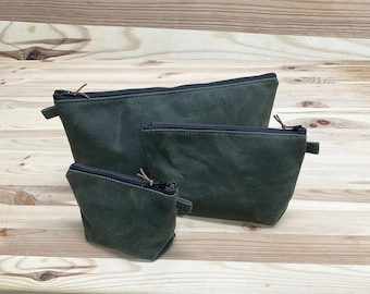 Estuche de lona encerada, totalmente forrado, sin bordes sin rematar, fabricado en EE. UU., monedero, billetera, estuche de maquillaje, útiles escolares, tarjetero.