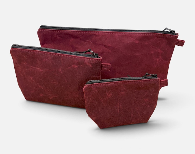 Waxed Canvas Zipper Pouch: Cranberry/burgundy Vegan Coin Purse, Made in USA
