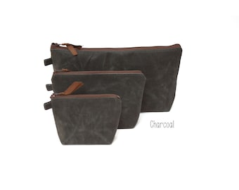 Utility pouch set charcoal, Waxed canvas pouch with nylon zipper, minimalist style travel pouch, Large utility pouch, canvas zip clutch bag