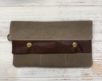Khaki Waxed Canvas Wallet | Minimalist EDC Wallet in Compact or Full Size | Fits Phone, Cards & Cash | Vegan Leather, Unisex Gift