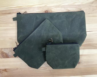 Utility pouch set made with olive green waxed canvas pouch , minimalist style travel pouch, Large utility pouch, zip clutch bag, olive green