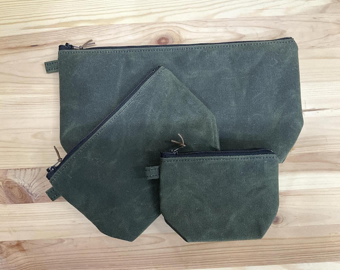 Utility pouch set made with olive green waxed canvas pouch , minimalist style travel pouch, Large utility pouch, zip clutch bag, olive green