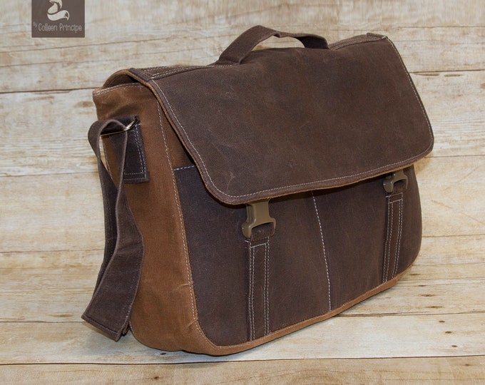 Crossbody waxed canvas messenger bag men, vegan leather, Womens Workbag, Unisex computer bag for laptops, minimalist bag, back to school