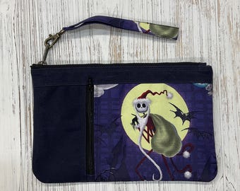 Large clutch with removable wrist strap made with Waxed canvas, Minimalist, Jack Skellington Nightmare Before Christmas, Zippy Clutch