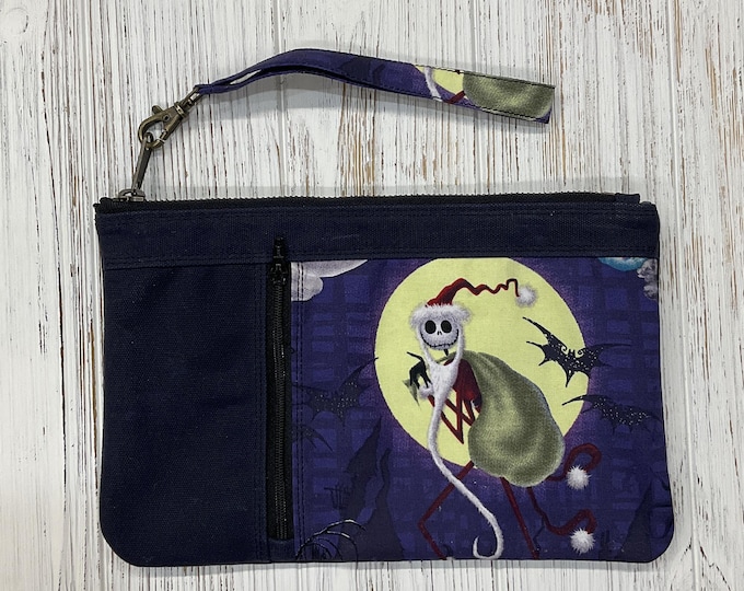 Large clutch with removable wrist strap made with Waxed canvas, Minimalist, Jack Skellington Nightmare Before Christmas, Zippy Clutch