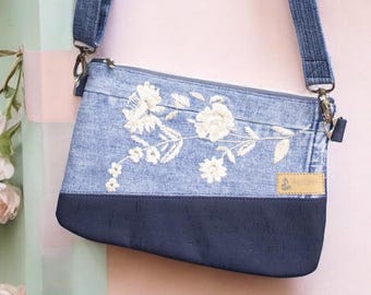 Denim Shoulder Bag Floral Style Embroidery with Removable / Adjustable Strap, Upcycled, Casual Boho style