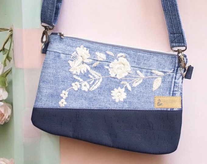 Denim Shoulder Bag Floral Style Embroidery with Removable / Adjustable Strap, Upcycled, Casual Boho style