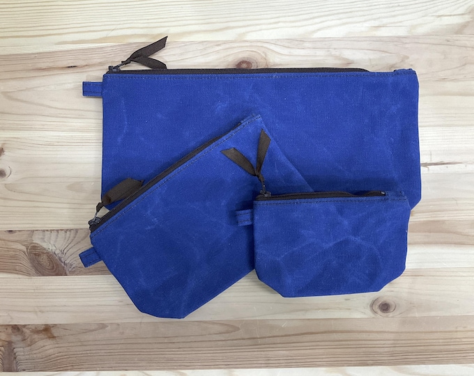 Royal Blue waxed canvas pencil pouch, Fully Lined, No Raw Edges, Made in USA, coin purse, wallet, makeup case, school supplies, card case